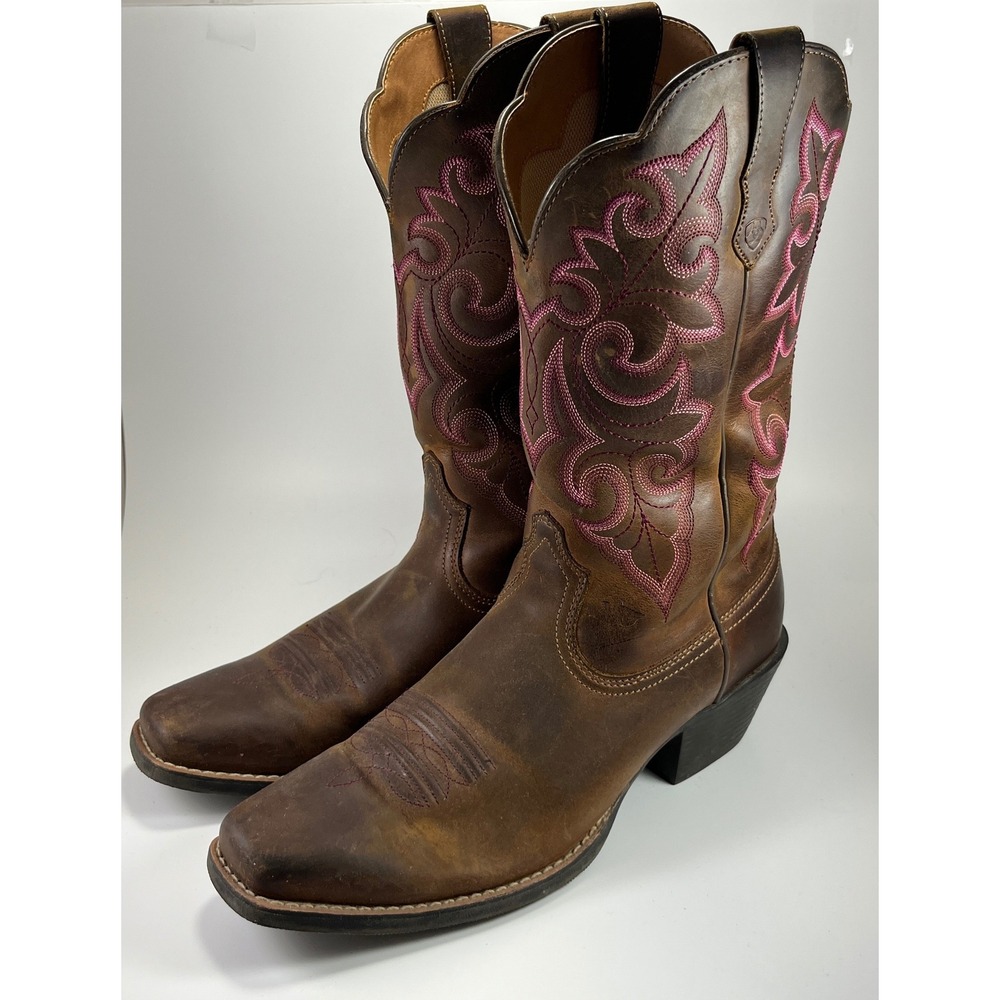 Ariat Women's Round Up Square Toe Boots 9.5 10014172 Western Brown Leather Pink